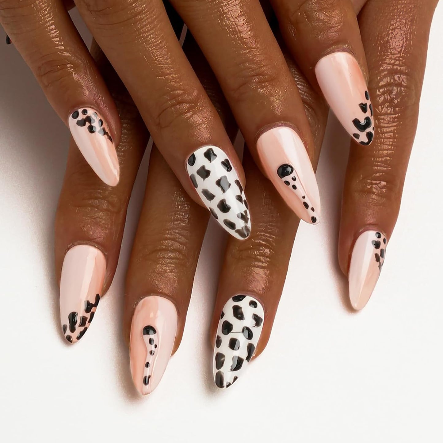 Nude Leopard Handmade Press-On Nails Set - Medium Almond Shape, 10 Pcs with Glue