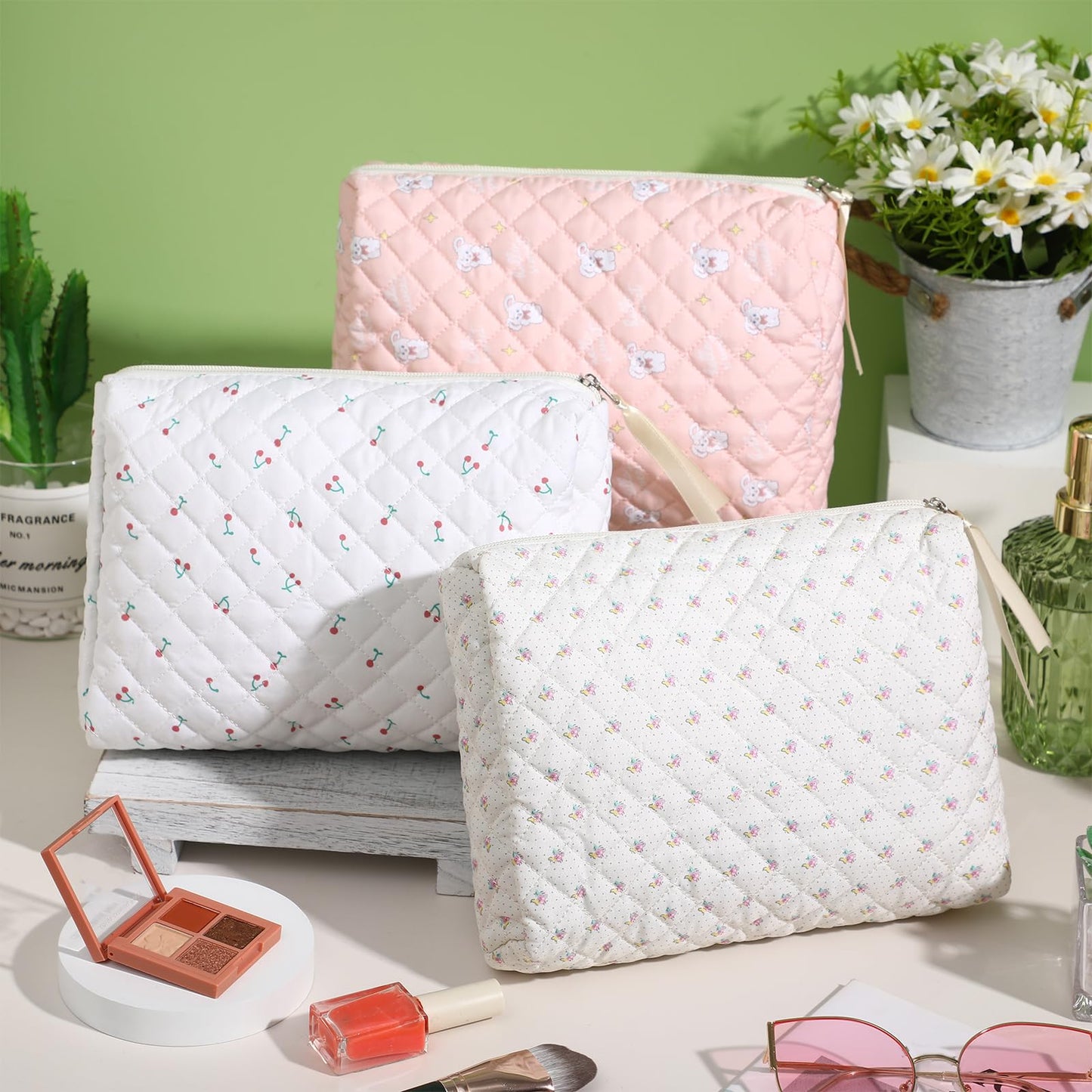 Sweetude 6 Pcs Quilted Makeup Bag Cotton Cosmetic Bag Cute Flower Aesthetic Large Floral Makeup Pouch Coquette Travel Toiletry Kawaii Stuff supplies for Women Girls