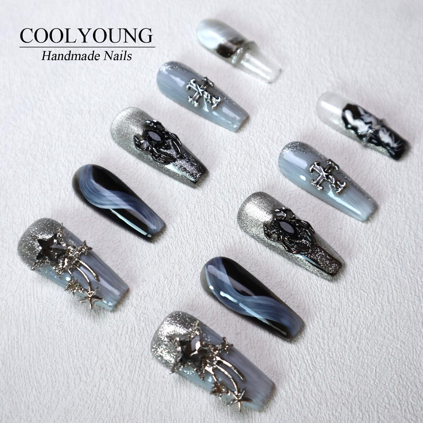 Blue Almond Press-On Nails - 10 PCS Handmade Acrylic Fake Nails for Women