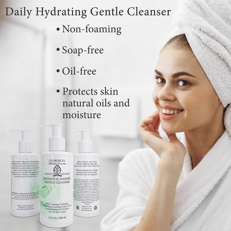 Florencia Botanical Marine Gentle Cleanser – Non Foaming Hydrating Purifying Face Wash with Marine Algae Seaweeds and Organic Botanicals for Dry Normal and Sensitive Skin – 6 Fl Oz