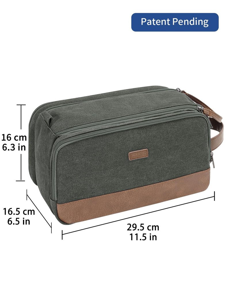 WANDF Toiletry Bag for Men Travel Toiletry Organizer Canvas and Leather Dopp Kit Water-Resistant Shaving Bag for Travel Accessories (Green, Large)