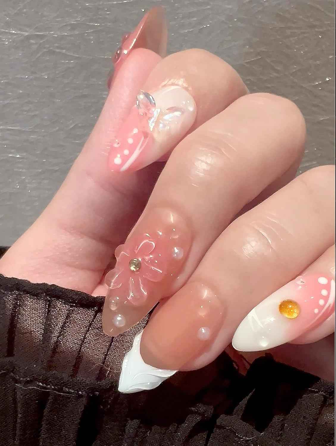 3D Sea Shell Press-On Nails - Handmade Medium Almond Beach Nail Art with Butterflies (L Size)