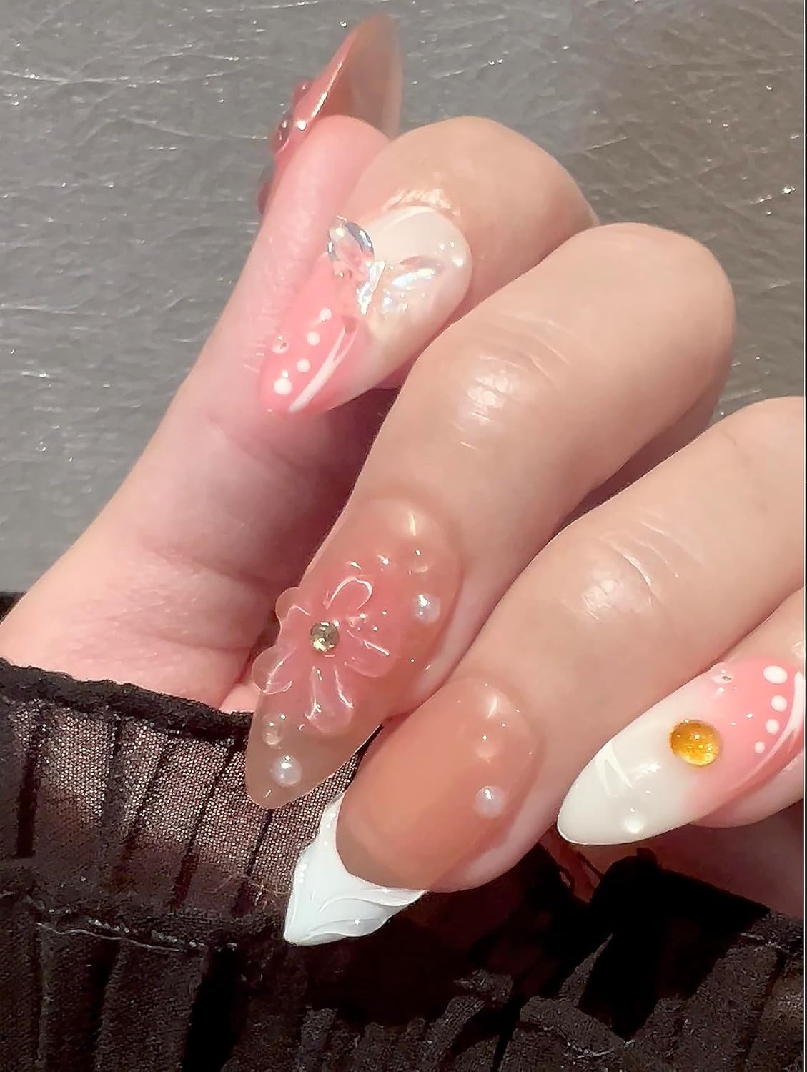 3D Sea Shell Press-On Nails - Handmade Medium Almond Beach Nail Art with Butterflies (L Size)