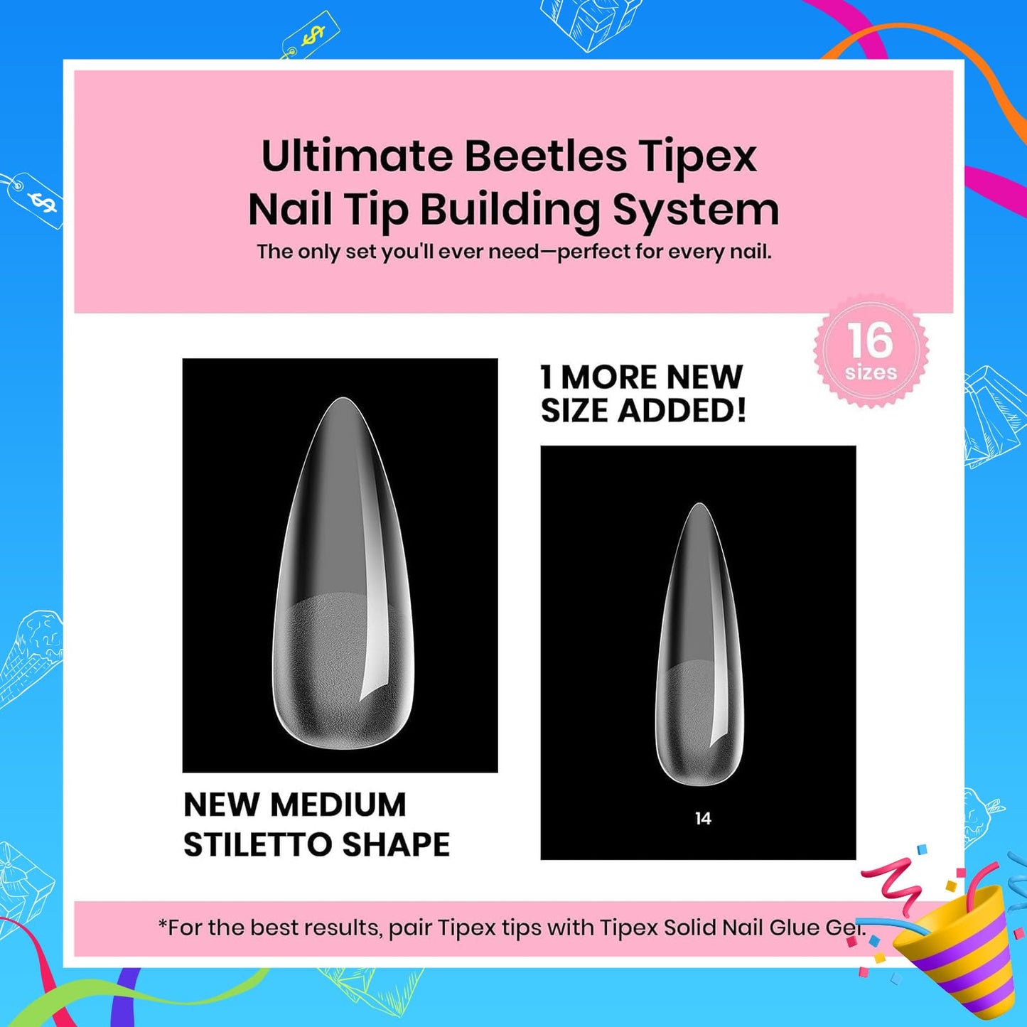 Beetles Tipex Instant Apex Nail Tips Kit, Medium Stiletto, 224PCS 16 Sizes 00-14, No Builder Gel Needed, 20g Solid Nail Glue, Mini UV Lamp