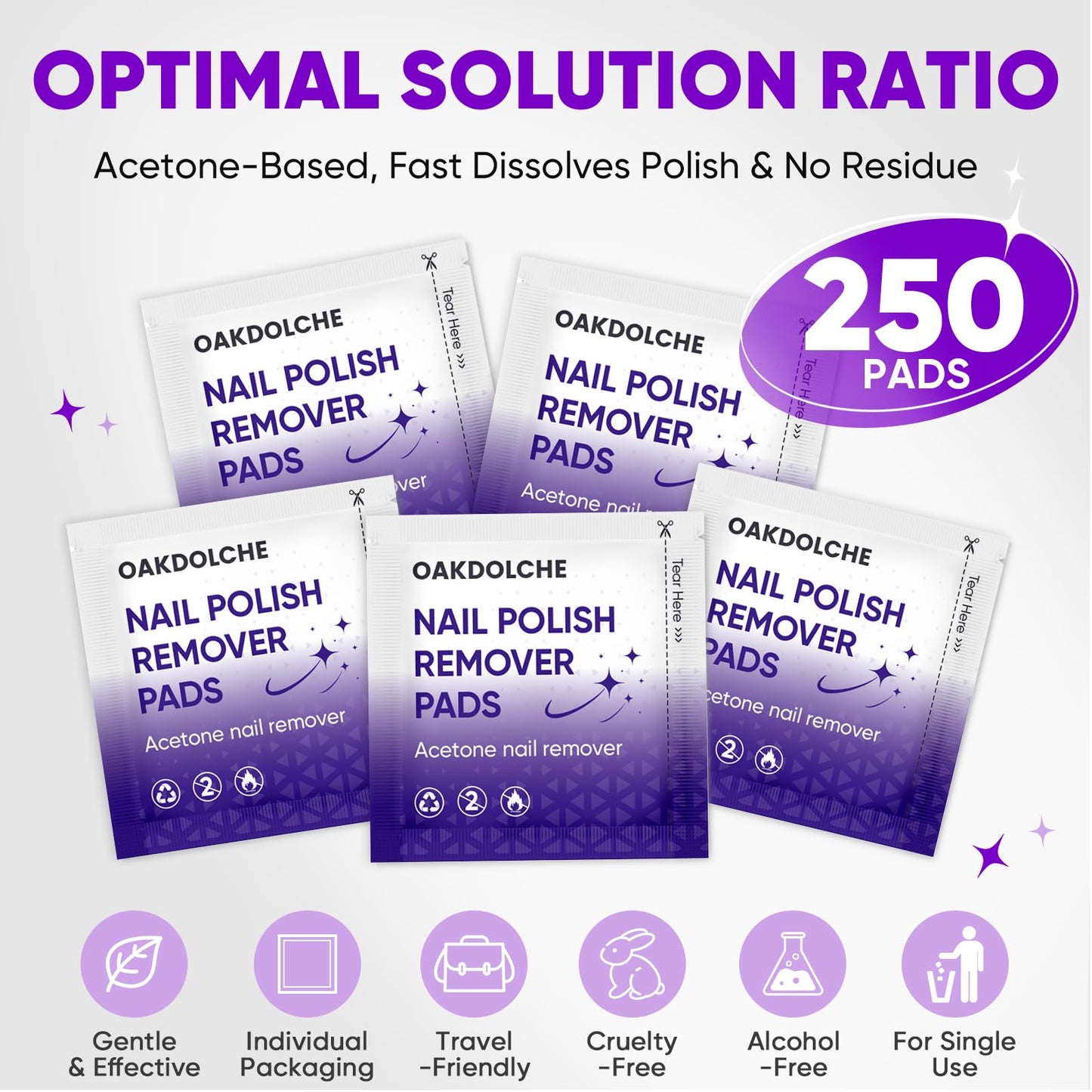 OAKDOLCHE 250 Pack Bulk Acetone Nail Polish Remover Pads, Individually Wrapped & Travel-Friendly, Quick & Effective for Gel & Fingernail Polish, Home & Professional Nail Polish Removal Wipes