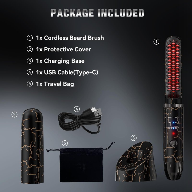 Beard Straightener for Men, Cordless Beard Heated Brush and Hair Straightener Hot Comb with 3 Temp Settings, Anti-Scald, Ionic Technology for Home Travel