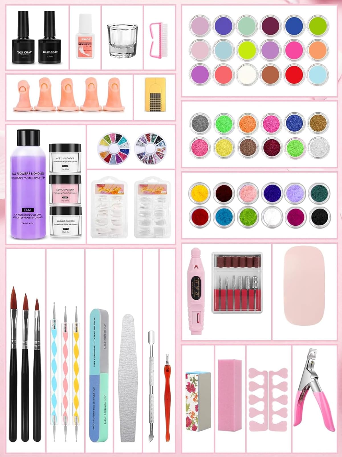 42 Colors Acrylic Nails Kits with Drill and UV Light- Acrylic Nail Powder Glitter and Monomer Liquid Kit with Nail Storage Bag, 5PCS Practice Finger