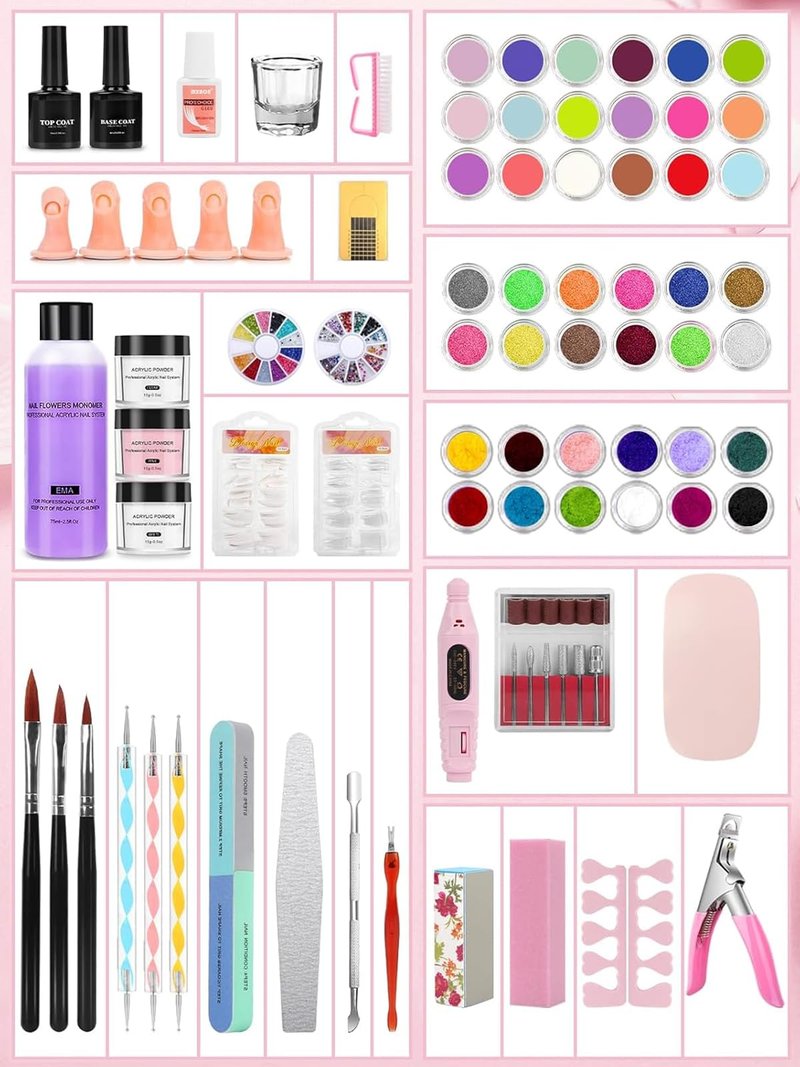 42 Colors Acrylic Nails Kits with Drill and UV Light- Acrylic Nail Powder Glitter and Monomer Liquid Kit with Nail Storage Bag, 5PCS Practice Finger