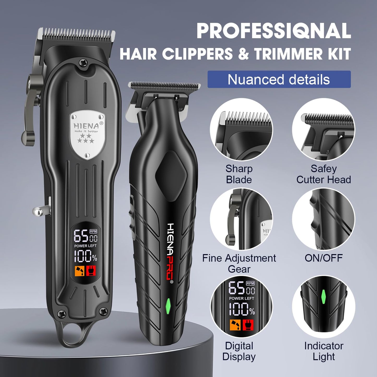 HIENA PRO Professional Hair Clippers for Men Rechargeable Barber Clippers & Trimmers Set, Cordless Hair Clippers Kit with LCD Display, Gifts for Men