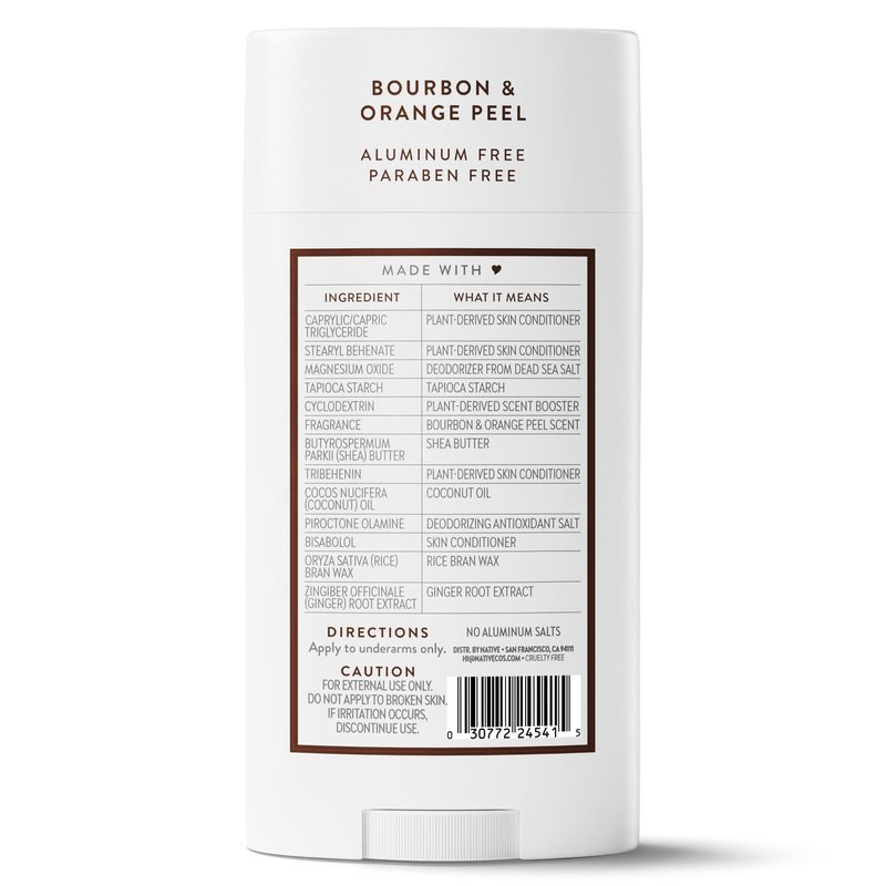 Native Aluminum Free Deodorant, Bourbon & Orange Peel, Large Size Stick, 72 Hour Odor Control, for Women & Men, Contains Naturally Derived Ingredients, 3.1 oz