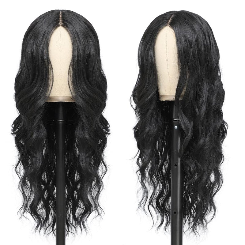 Ubeleco Black Wigs for Women Long Wavy Middle Part Lace Hair Hairline Replacement Wigs 26 Inch Synthetic Hair Heat Resistant Wig for Daily Party