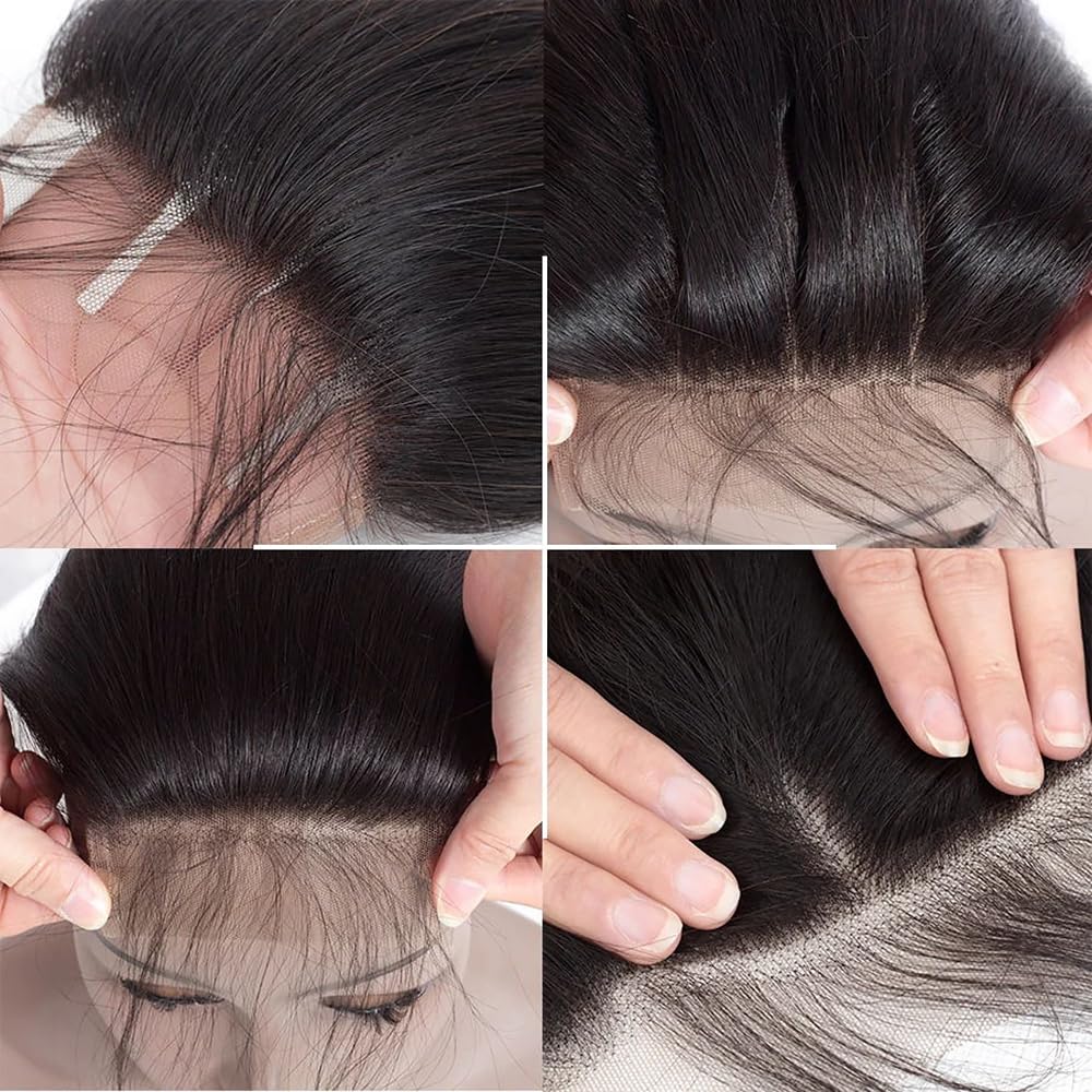 4X4 Straight HD Lace Closure Human Hair Extensions 12A Brazilian Virgin Remy 100% Unprocessed Human Hair Frontal Free Part Closure Only Pre Plucked With Baby Hair Natural Black 16 Inch