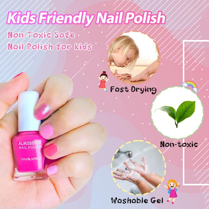 ALIKOSSTOR Kids Nail Polish Set, 10 Colors Non Toxic Water Based Peel Off Nail Polish, Quick Dry Toddler Nail Polish Kit, Safe Kids Manicure Set Birthday Gift for Girls