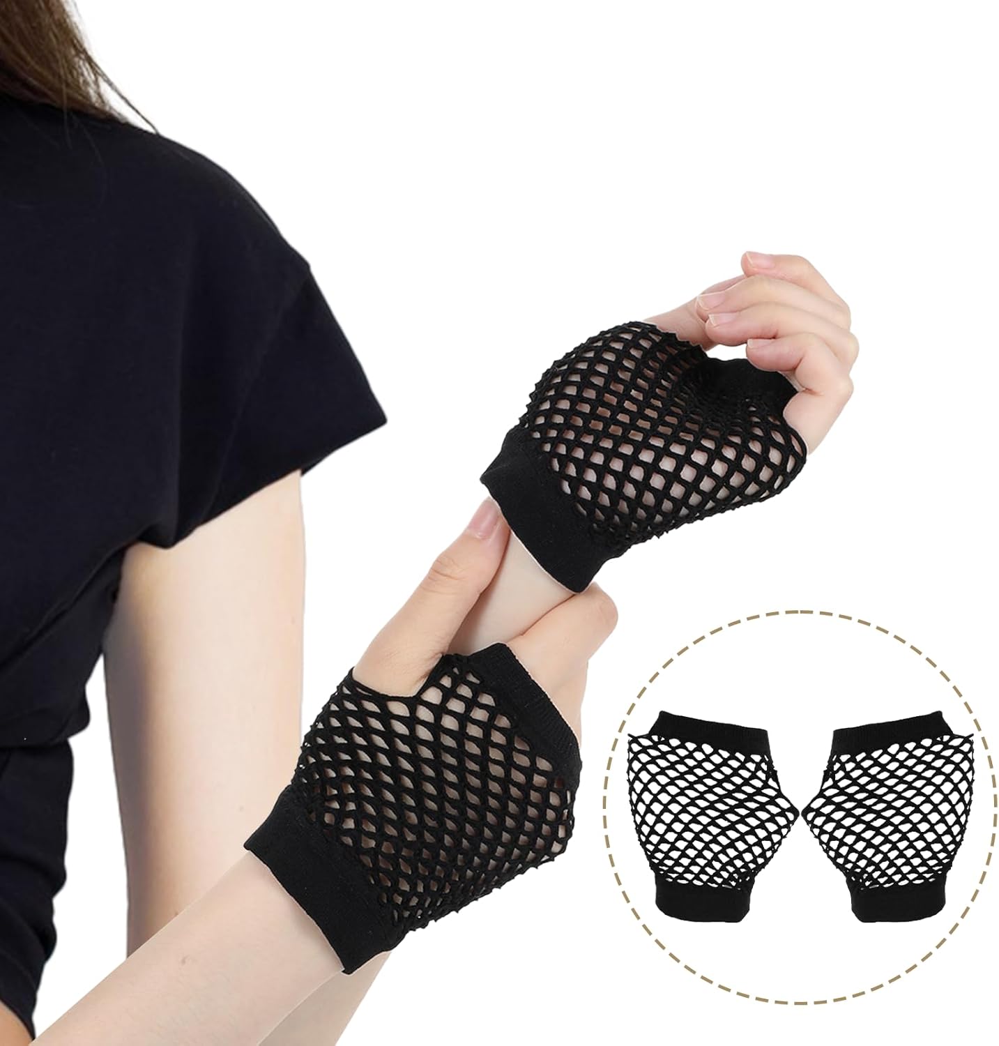 Fishnet Gloves for Women | Fingerless Elastic Nylon Arm Sleeves - 2 Pairs (Black)