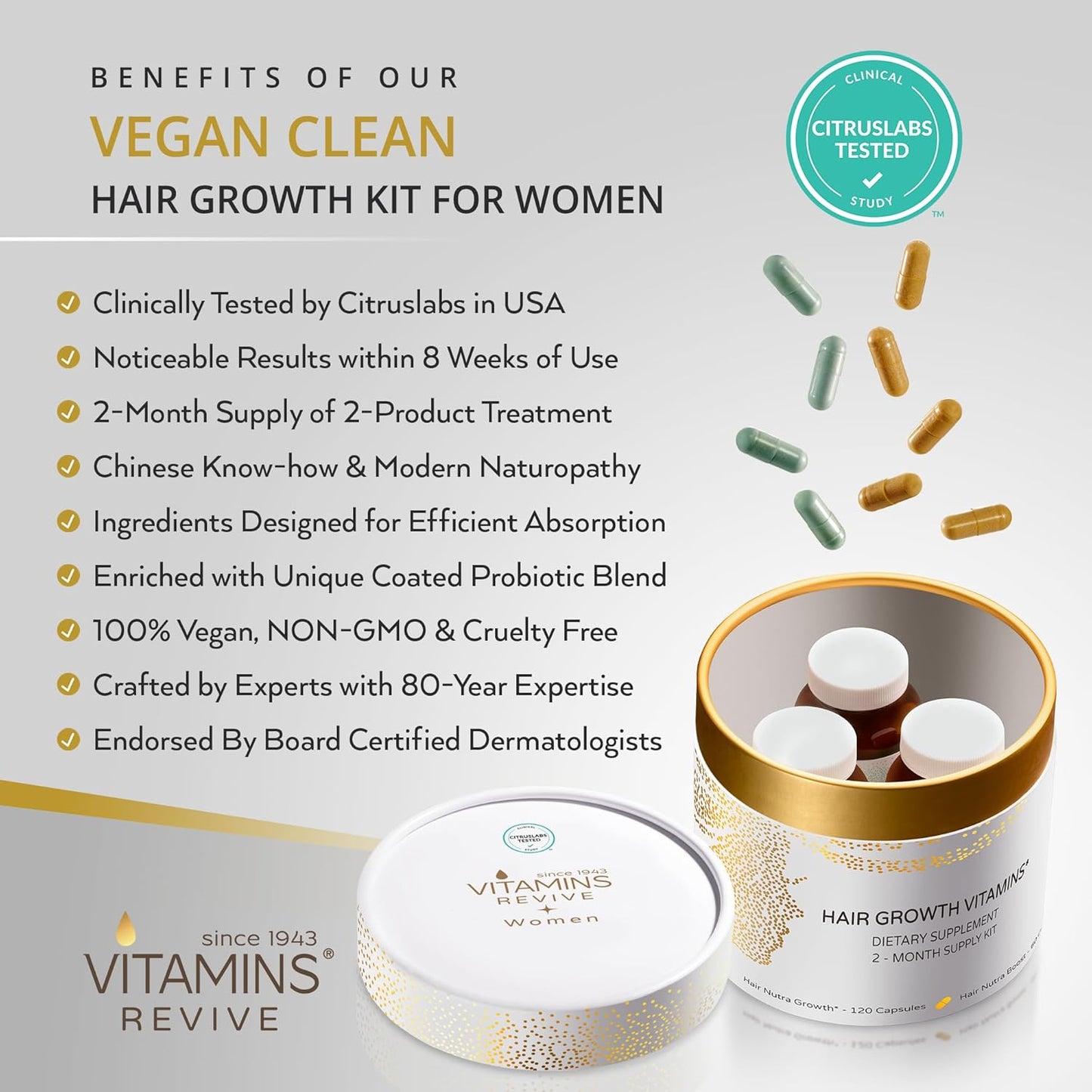 Revive Hair Growth Vitamins for Women - Clinically Tested Supplement for Thinning Hair | 2-Month Supply