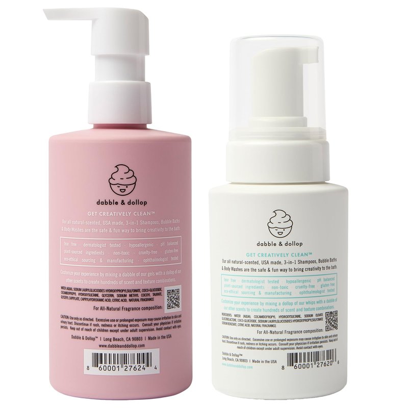 Dabble & Dollop Coconut + Vanilla Kids 3-in-1 Body Wash, Shampoo & Bubble Bath Bundle – Gel + Foam Whip Set, Tear-Free, Gentle, Natural-Origin, Hypoallergenic and Safe for Sensitive Skin (Pack of 2)