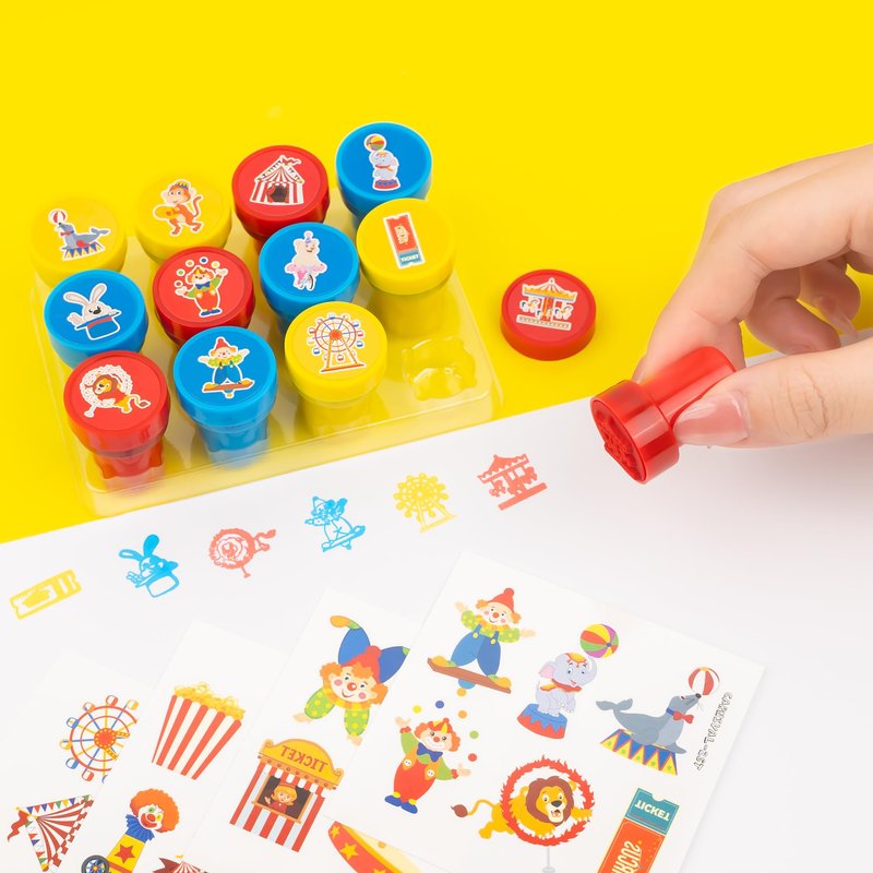 INKSOMOBA 36 PCS Carnival Party Favors for Kids - 24 Temporary Tattoos & 12 Circus Themed Stamps - Ideal Goodie Bag Fillers, Birthday Rewards, Classroom Prizes for Boys & Girls