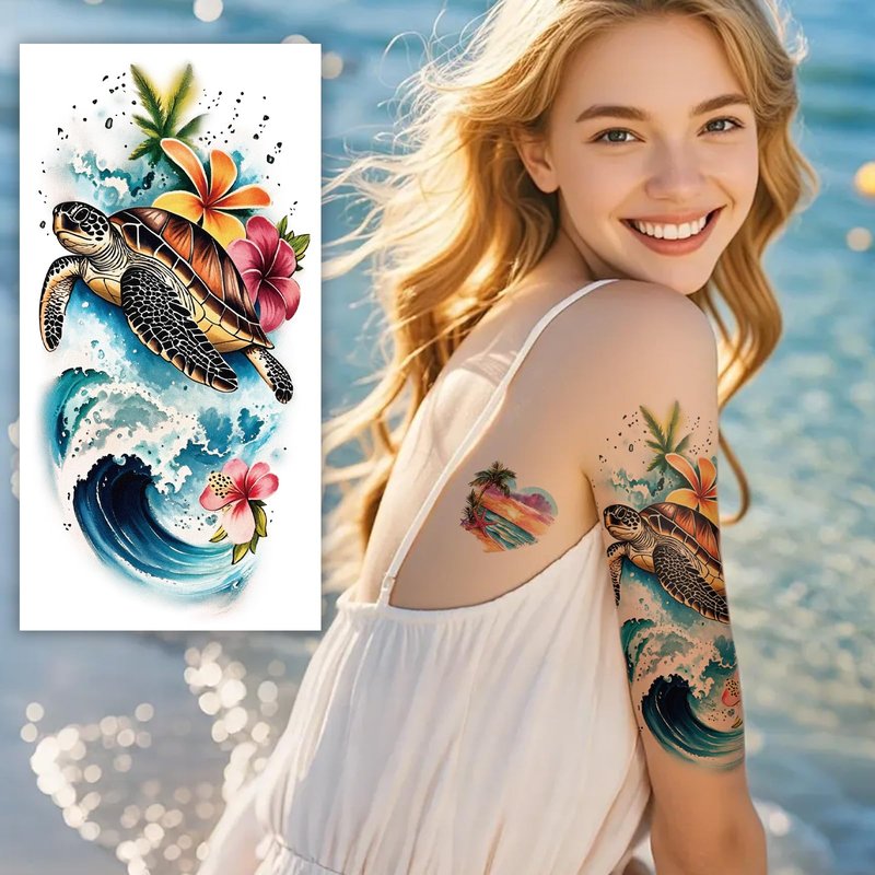 48 Sheets Full Arm Temporary Tattoos for Adults - Waterproof Tropical Summer Beach Party Fake Tattoo Stickers - Hawaiian Floral Palm Sunset Designs for Women Men