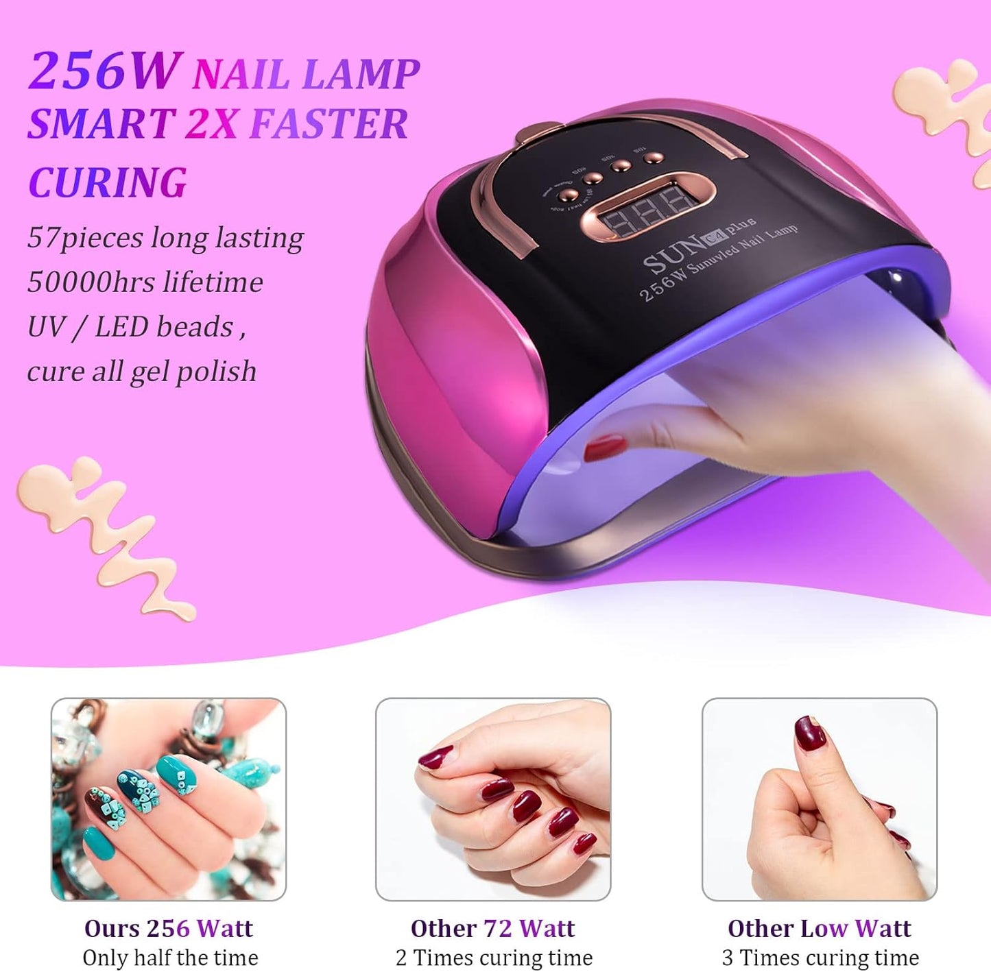 UV LED Nail Lamp - 256W Professional Gel Nail Dryer with 4 Timer Settings | 57 Dual Light Beads, Ideal for Salon Use