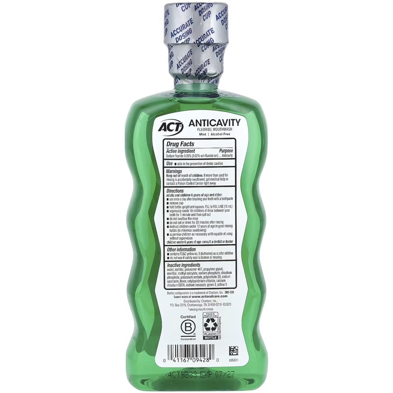 ACT Anticavity Fluoride Mouthwash, Mint, Alcohol Free, 18-Ounce Bottle (Pack of 6)