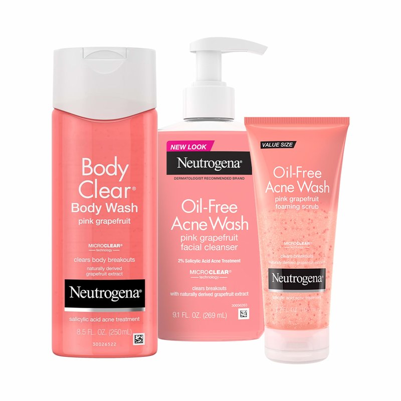 Neutrogena Body Clear Acne Body Wash Pink Grapefruit - Salicylic Acid Formula for Breakout Treatment, Exfoliating Cleanser for Clear Skin, 8.5 fl. oz. Bottle, 3-Pack