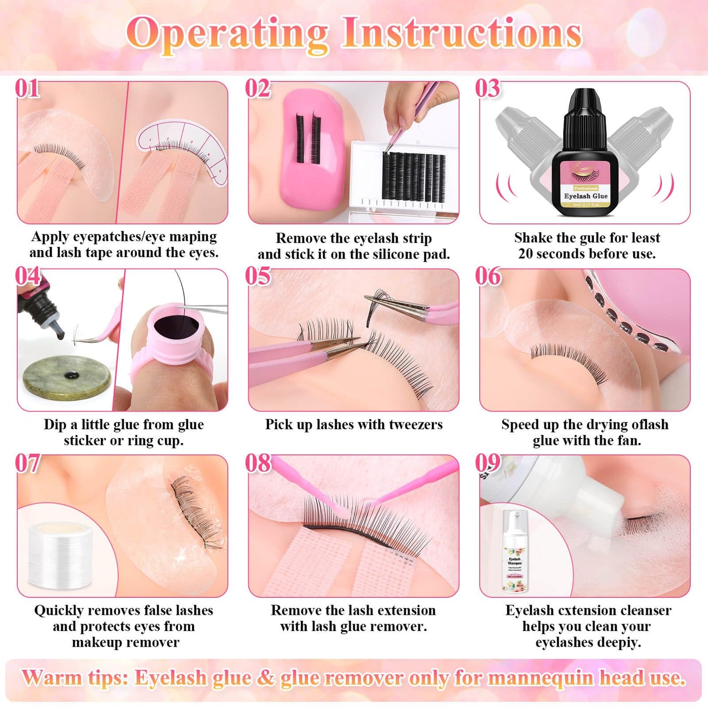 Tetutor Lash Kits Extensions Kit for Beginners, Eyelash Lash Extension Kit for Beginners with Lash Mannequin Head, Lash Extension Practice Kit Starter Kit with Everything USB Fan, Lash Glue, Shampoo