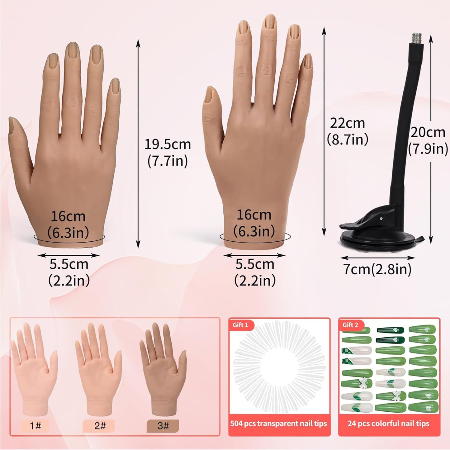 Flexible Silicone Practice Hand for Acrylic Nails with 528 Nail Tips & Stand