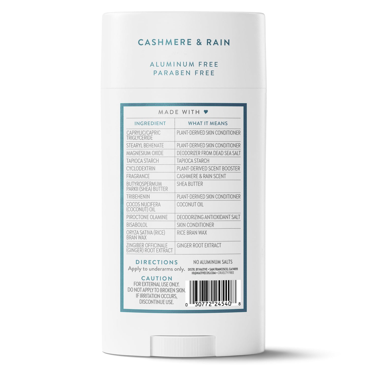 Native Aluminum Free Deodorant, Cashmere & Rain, Large Size Stick, 72 Hour Odor Control, for Women & Men, Contains Naturally Derived Ingredients, 3.1 oz