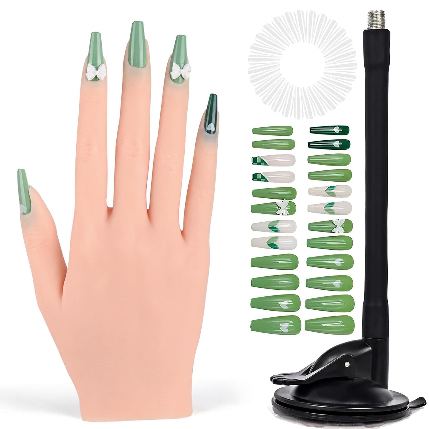 Flexible Silicone Practice Hand for Acrylic Nails with 528 Nail Tips & Stand