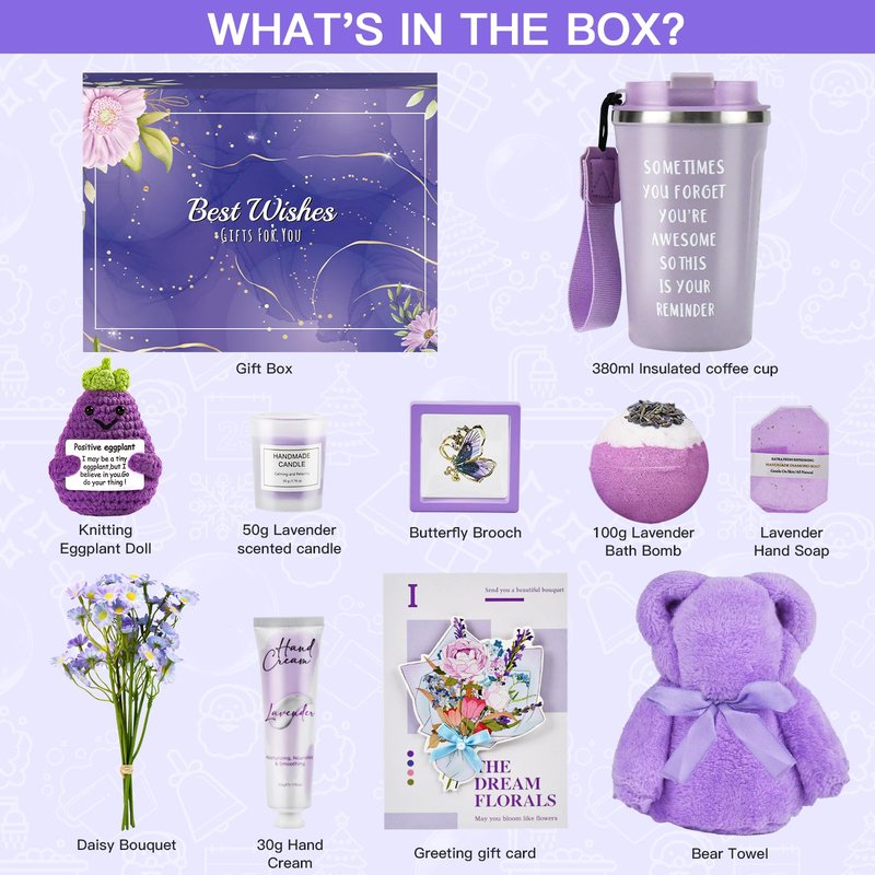 Gifts for Women, Birthday Gifts for Women, Gift Baskets for Women Best Friends Mom Her Sister Wife Girlfriend Coworker, Lavender Spa Gift Set with Emotional Support Eggplant Doll for Christmas Gifts