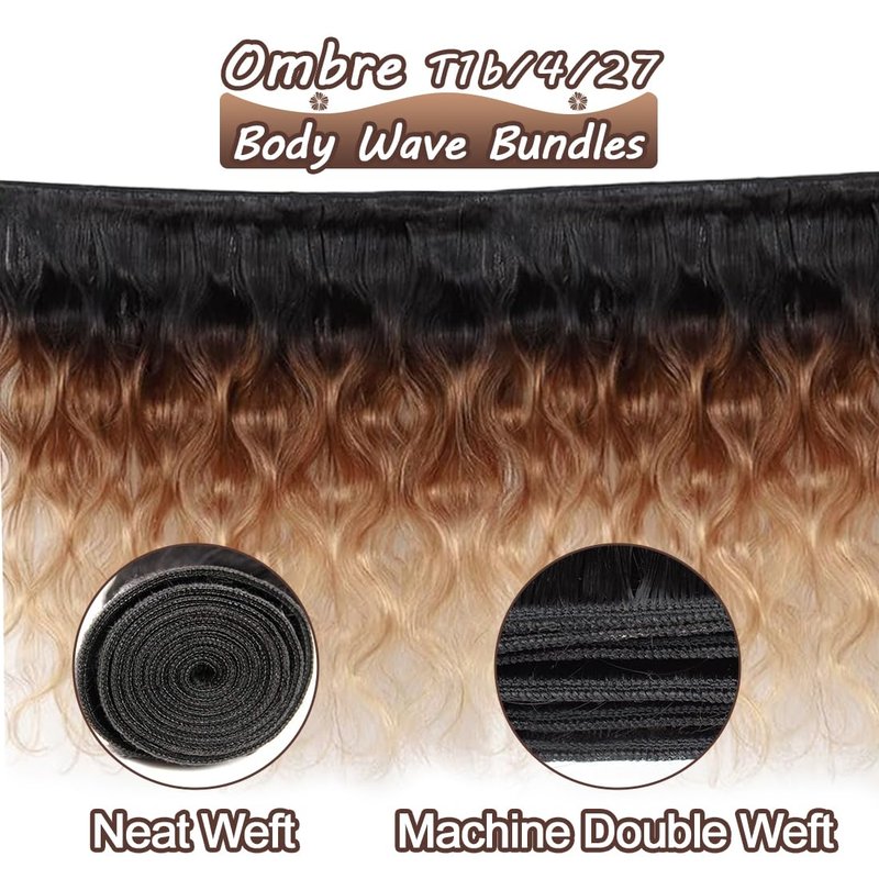 100% Unprocessed Virgin Ombre Human Hair Bundles T1b/4/27 Three Tone Body Wave Bundles 12A Raw Human Hair One Bundle 14 Inch Ombre Blonde Wavy Bundles Quick Weave Hair Extensions with Thick Ends