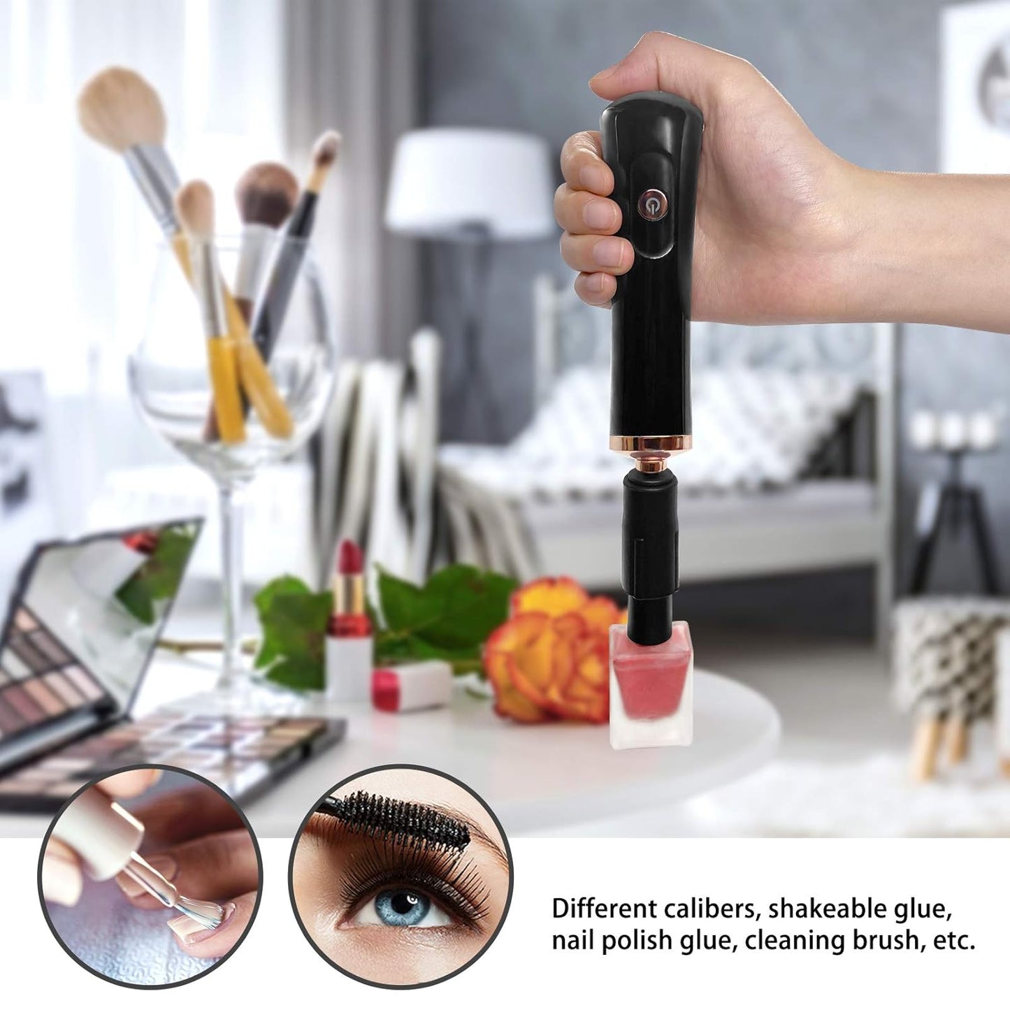 Nail Polish Mixer - Portable Electric Nail Lacquer Shaker with 2 Connectors | 8 Sizes for Even Mixing (Black)