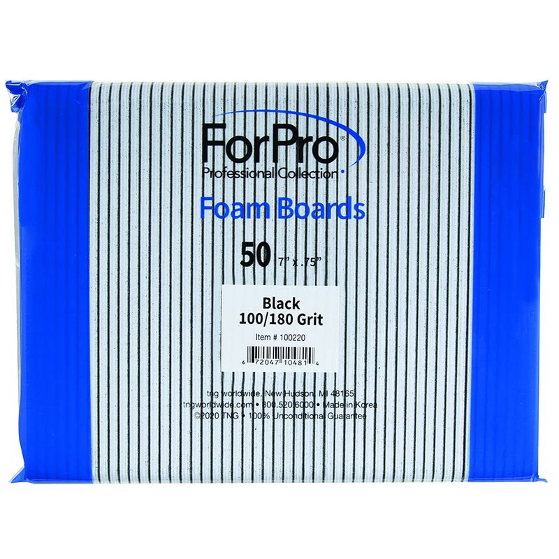 ForPro Professional Collection Nail Foam Boards, Black, 100/180 Grit, Double-Sided Manicure Nail Files, 7” L x .75” W, 50-Count