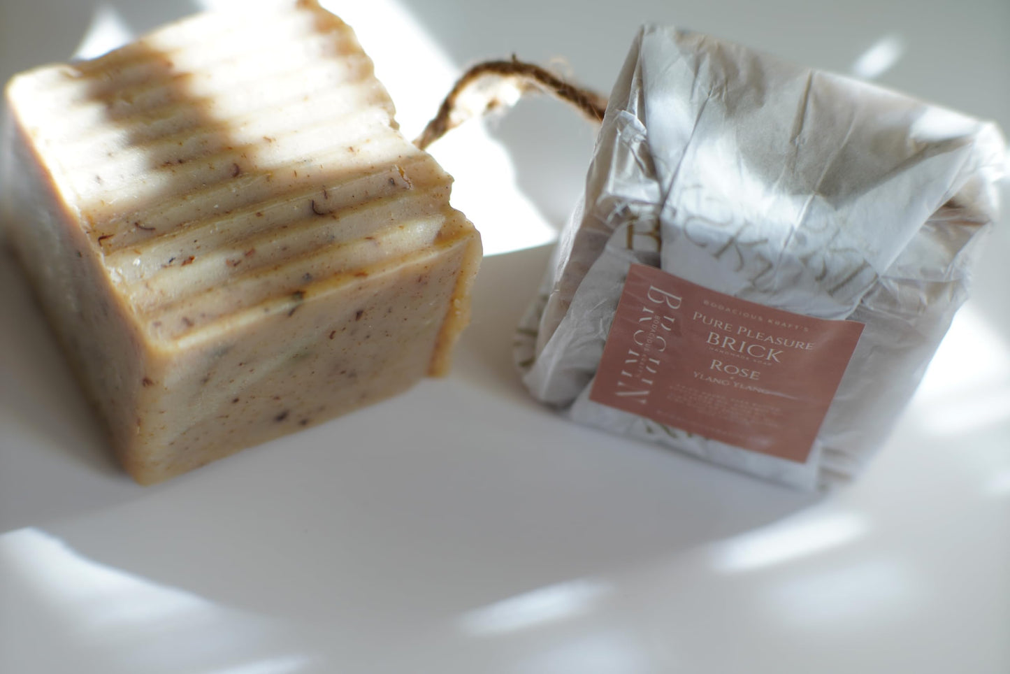 BKSKIN All Natural 3-inch thick Pure Pleasure Brick- Soap- On a rope-Unscented-Rose Infused-Gentle Cleanse- Hydration restoration