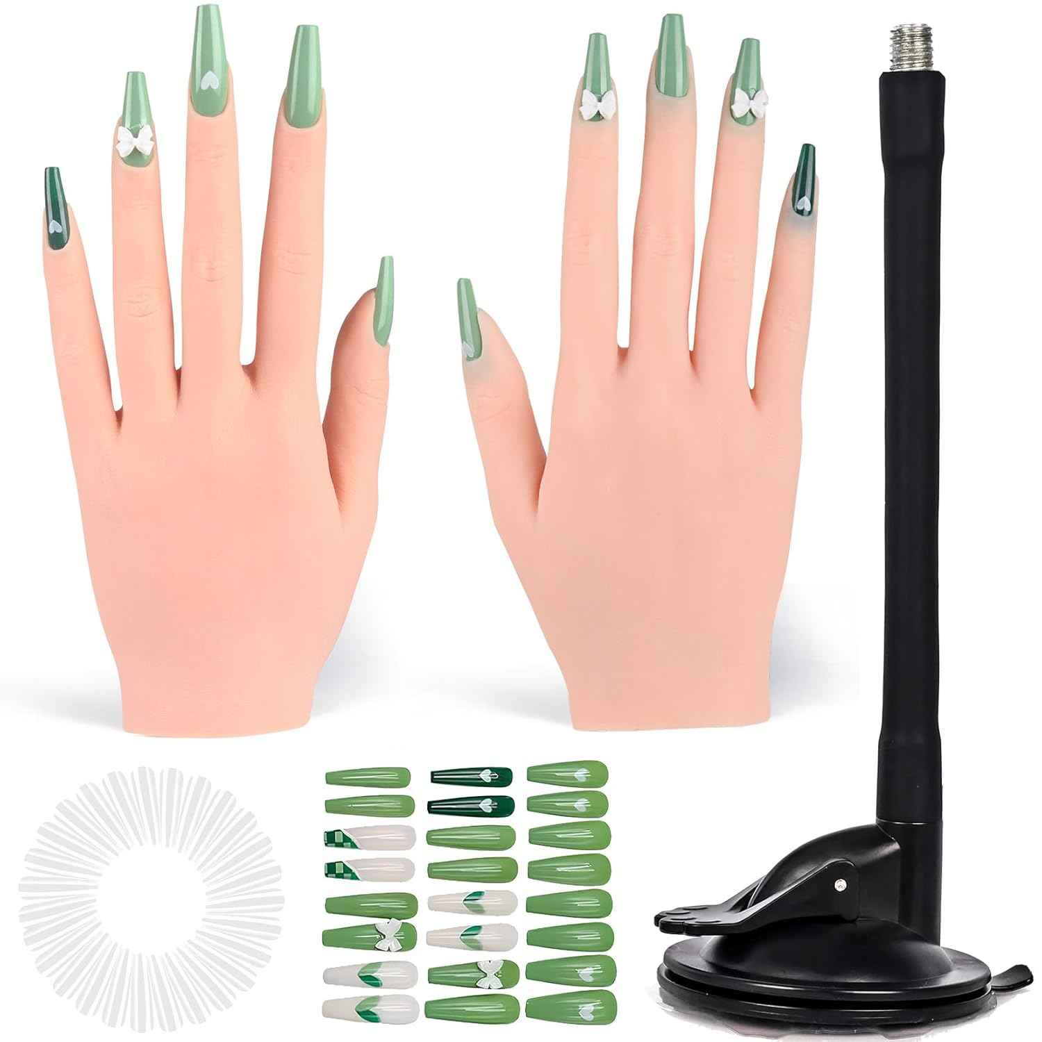 Flexible Silicone Practice Hand for Acrylic Nails with 528 Nail Tips & Stand