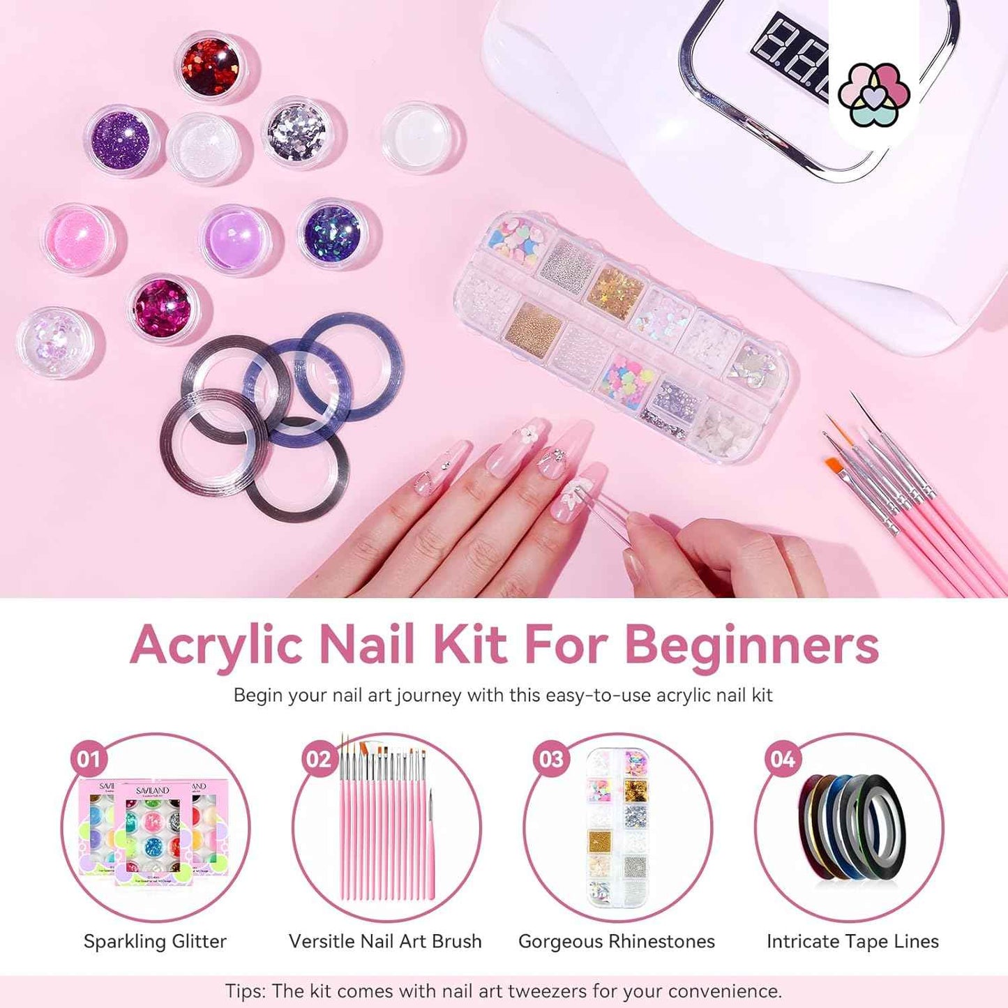 Saviland Acrylic Nail Kit for Beginners - Keratin Powder, Vitamin E Gel & Nail Stand