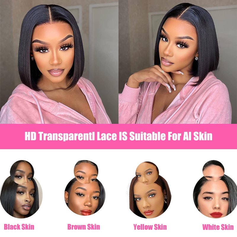 Keytac Bob Wig Human Hair Lace Front Glueless Wigs for Black Women Pre Plucked 150% Density 100% Brazilian Virgin Human Hair (6x6 Lace Closure Bob Wigs, 12 Inch)