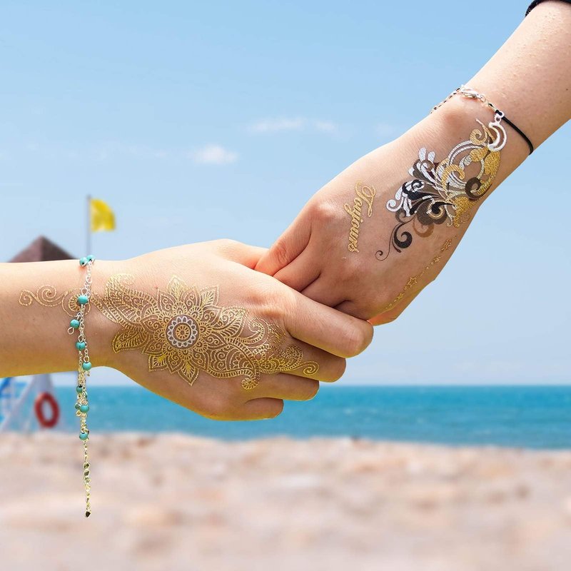 Aresvns Gold tattoo metallic 32 Sheets,Over 340+ Flash temporary tattoos for women teens girls kids,Waterproof flash henna tattoos,Glitter jewelry tattoos Christmas Gift