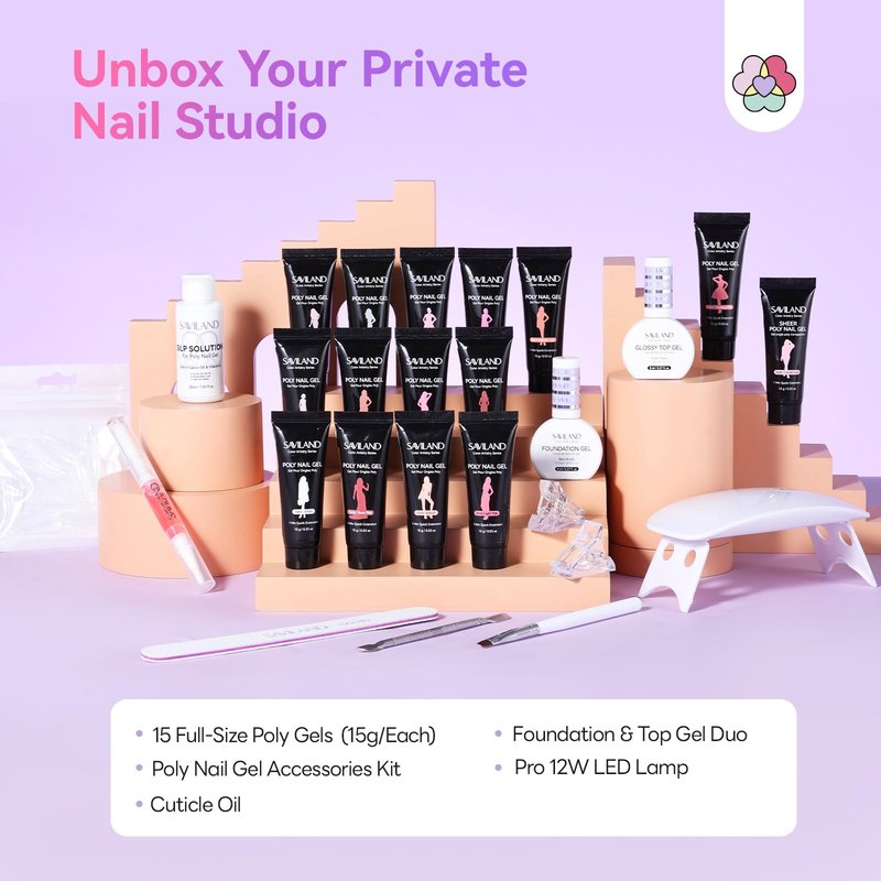 SAVILAND Hema-Free Poly Extension Gel Nail Kit: 15 Colors Poly Gel kit for 4 Weeks Lasting, Natural-Looking Poly Gel Clear White Pink Nude with Slip Solution U V Lamp Suitable for All Seasons Art DIY