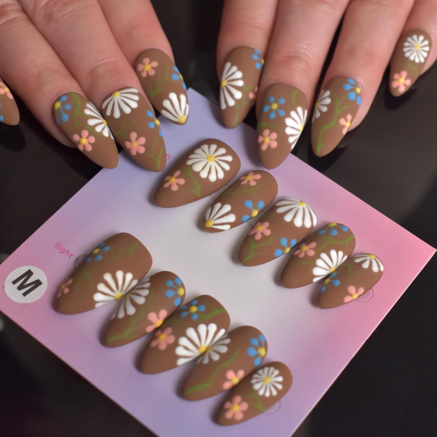 3D Blue Almond Press-On Nails with Carved Flower & Bubble Pearl - Handmade Acrylic Manicure, Medium Size