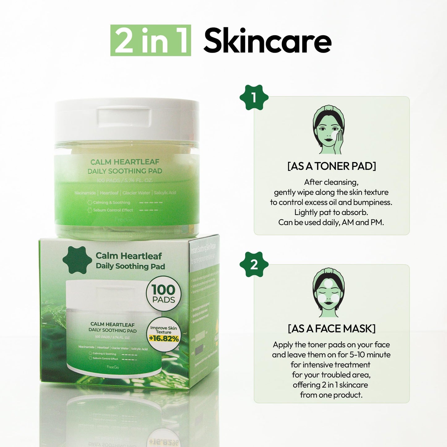 FreeGo Calm Heartleaf Daily Soothing Pad (100 Pads), K-Beauty Korean Skincare Facial Toner Pads for Sensitive or Pimple-Prone Skin, Instant Soothing Skin Repair, Korean Skin Care for Dark Spots