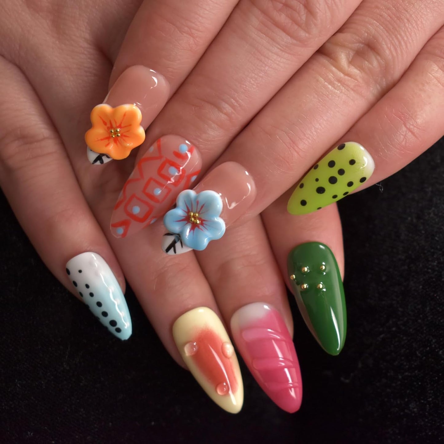 3D Blue Almond Press-On Nails with Carved Flower & Bubble Pearl - Handmade Acrylic Manicure, Medium Size