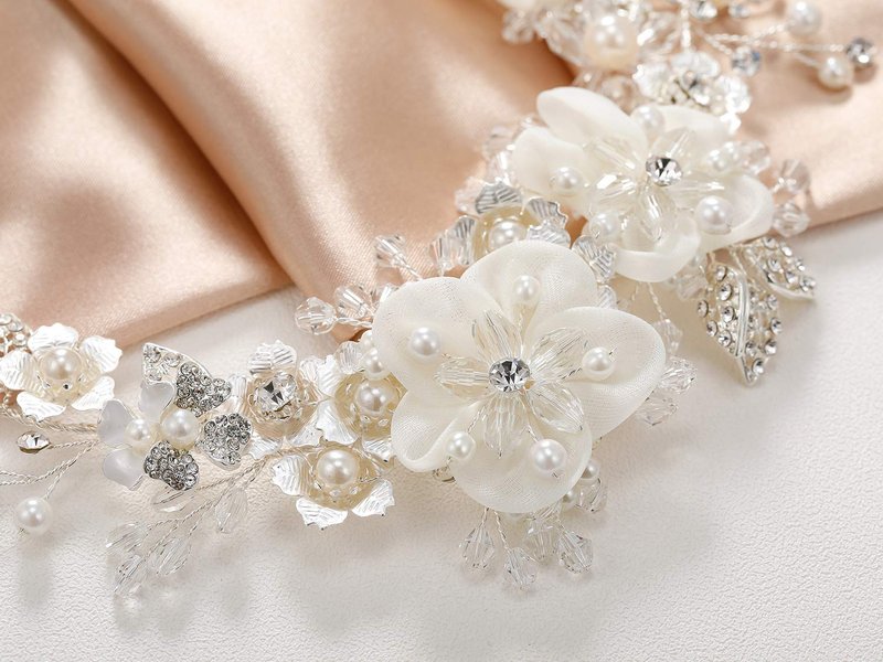 SWEETV Flower Girl Headpiece Ivory Tulle Flowers Wedding Headband for Girls, Princess Pearl Hair Accessories for Birthday Party, First Communion