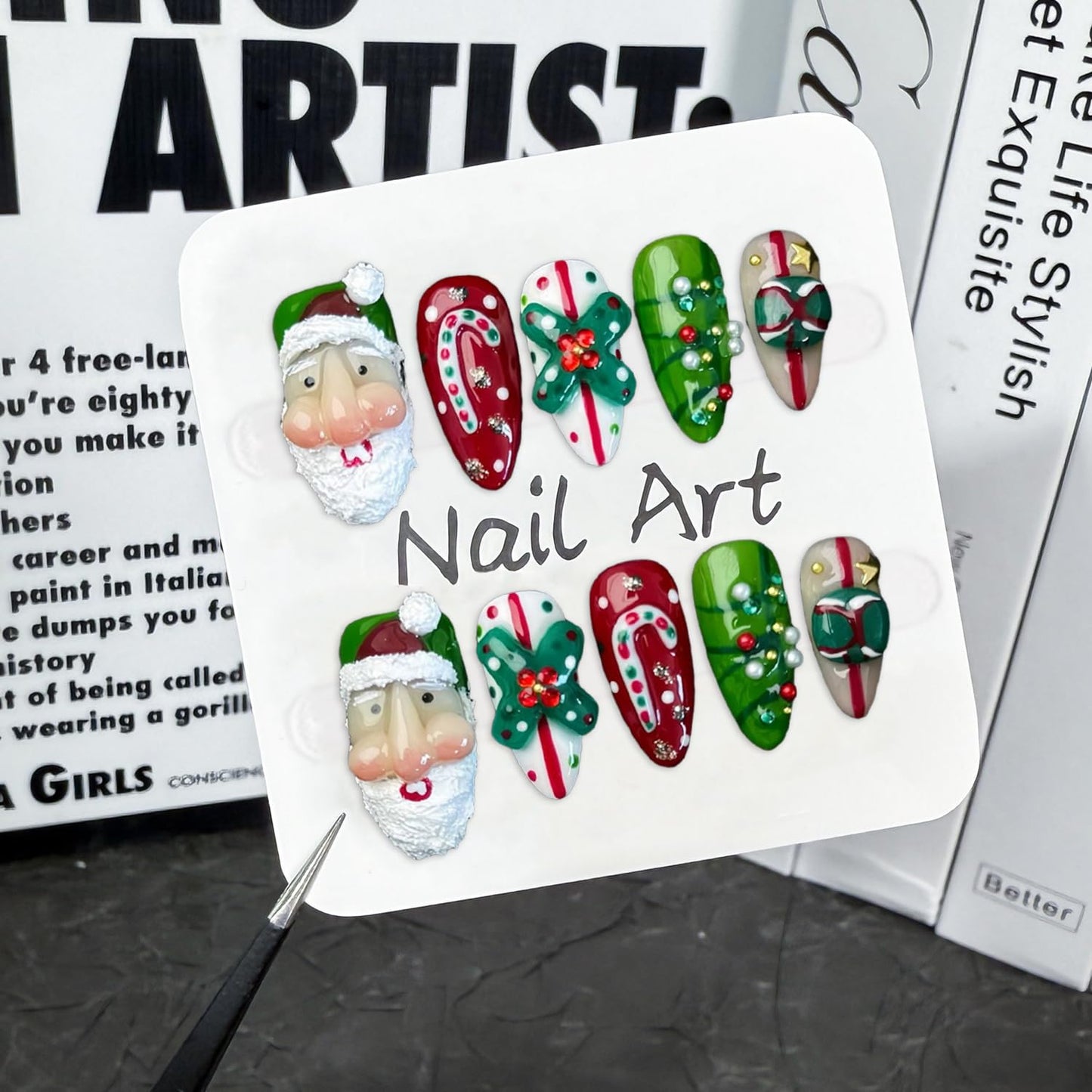 Christmas Press-On Nails - Short Square Gel Full Cover with Reindeer & Santa Designs