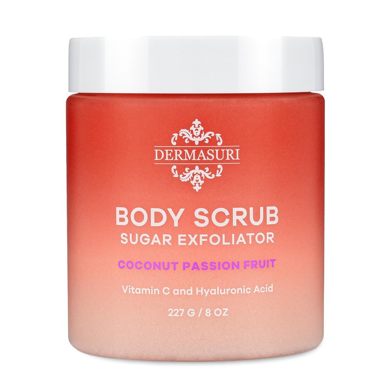 Dermasuri - Exfoliating Sugar Scrub - Body Scrubber for Men & Women - Exfoliates & Removes Dead, Dry Skin for a Soft & Radiant Glow - Deep Hydration & Moisture - Coconut Passion Fruit