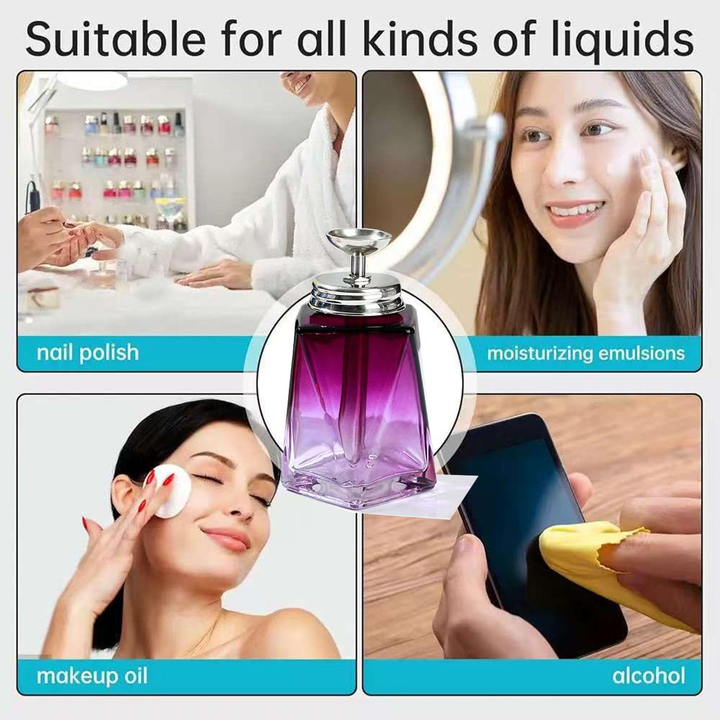 Misforu 5 Oz/ 150ml Glass Push Down Pump Dispenser Bottle With Cap Push Down Glass Empty Pump Dispenser for Alcohol Makeup Clear Refillable Bottle Hand Pumping Press Container (Purple)
