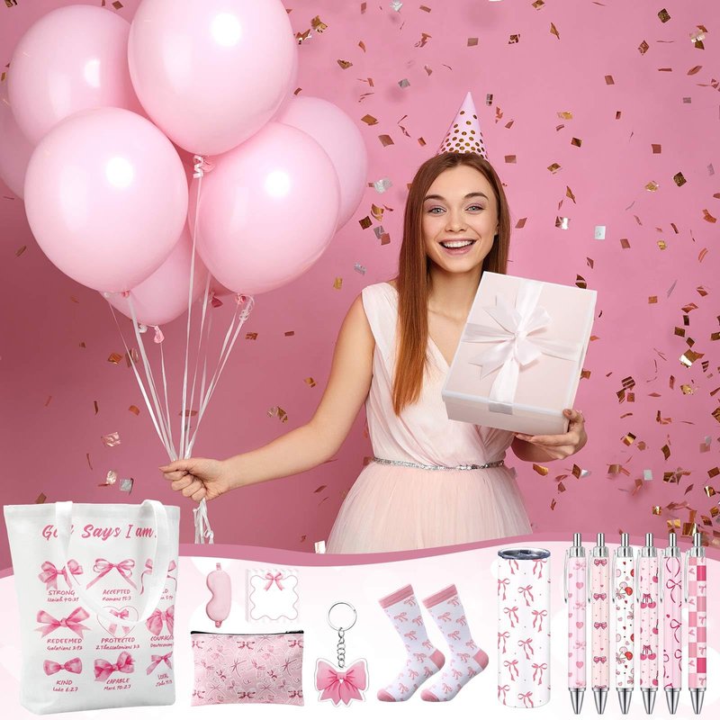 Sieral 14 Pcs Coquette Pink Bow Gift Set for Santa Women Include Pink Bow Tote Bag 20oz Stainless Steel Cup Socks Gel Ink Pens Sticky Keychain Eye Mask for Gifts