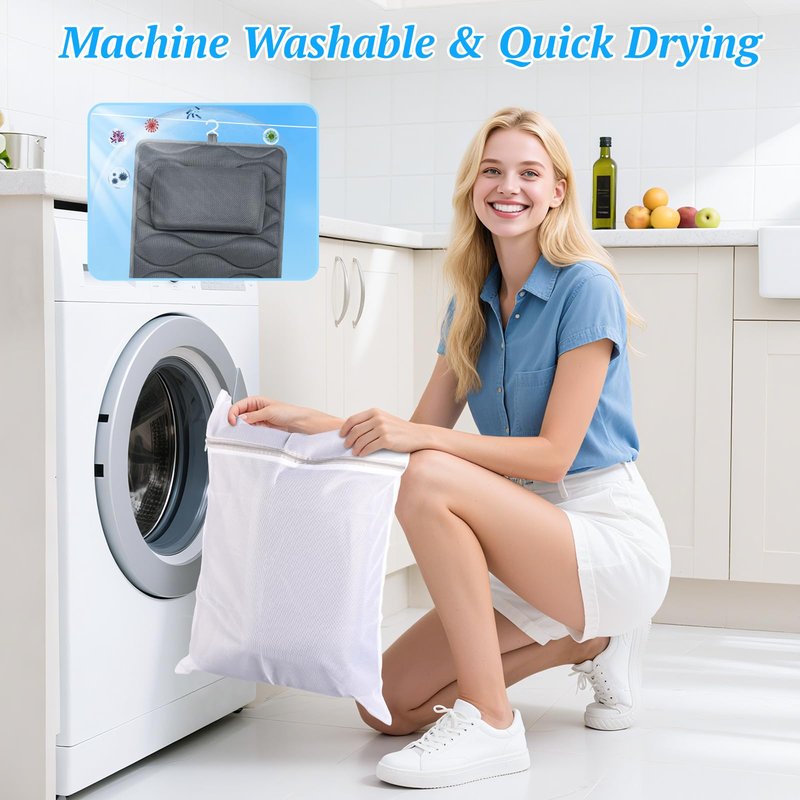 TranquilRelax Bath Pillow for Tub with Laundry Bag & 17 Non-Slip Suction Cups, Extra Thick and Soft Bathtub Pillow for Head, Neck & Shoulder Support, 56" x 16" Grey
