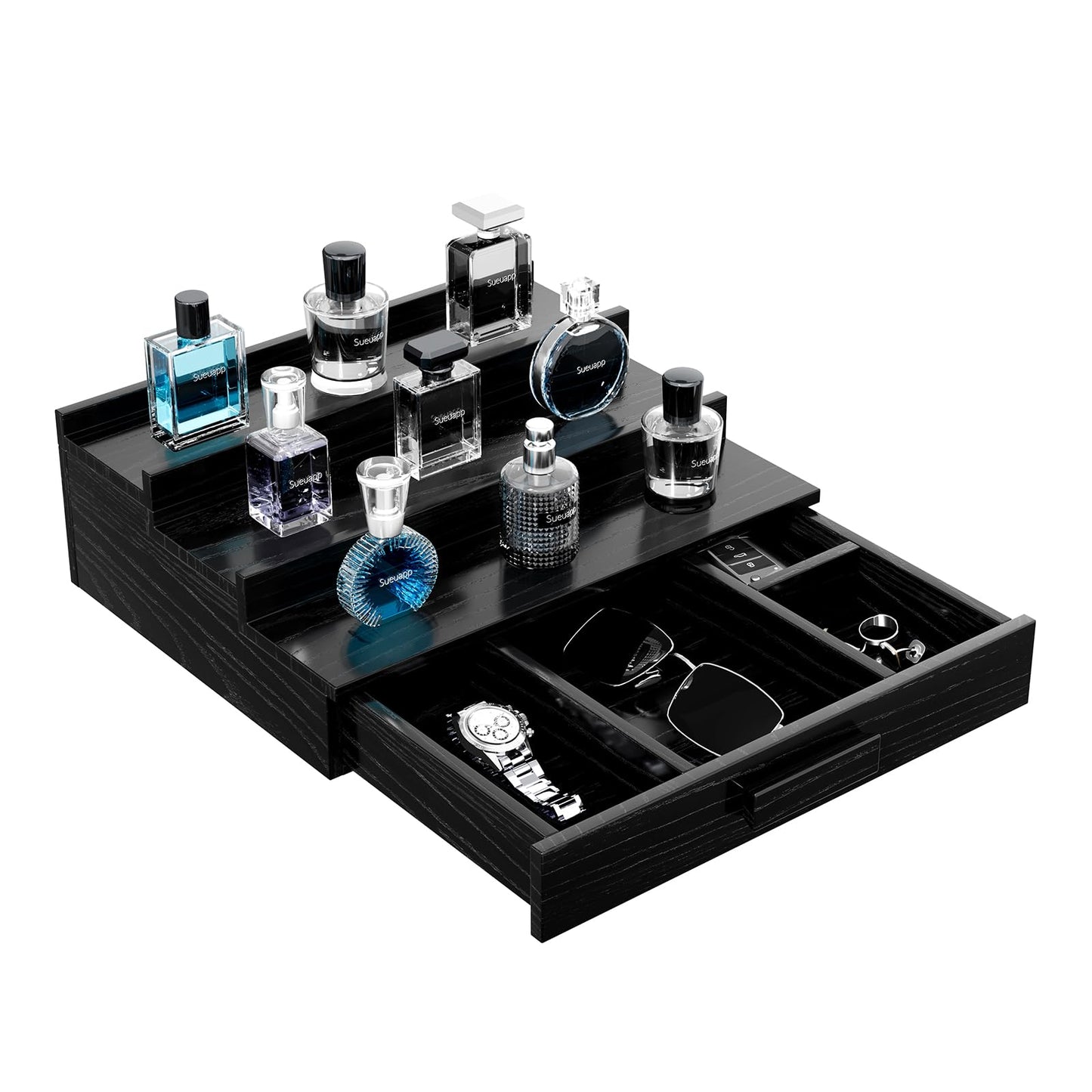 Sueuapp Walnut Wood Cologne Organizer for Men,3 Tier Cologne Stand,Cologne Shelf Display Holder,Perfume Stand Organizer with Hidden Compartment and Drawer,Great Gift for Men,Black