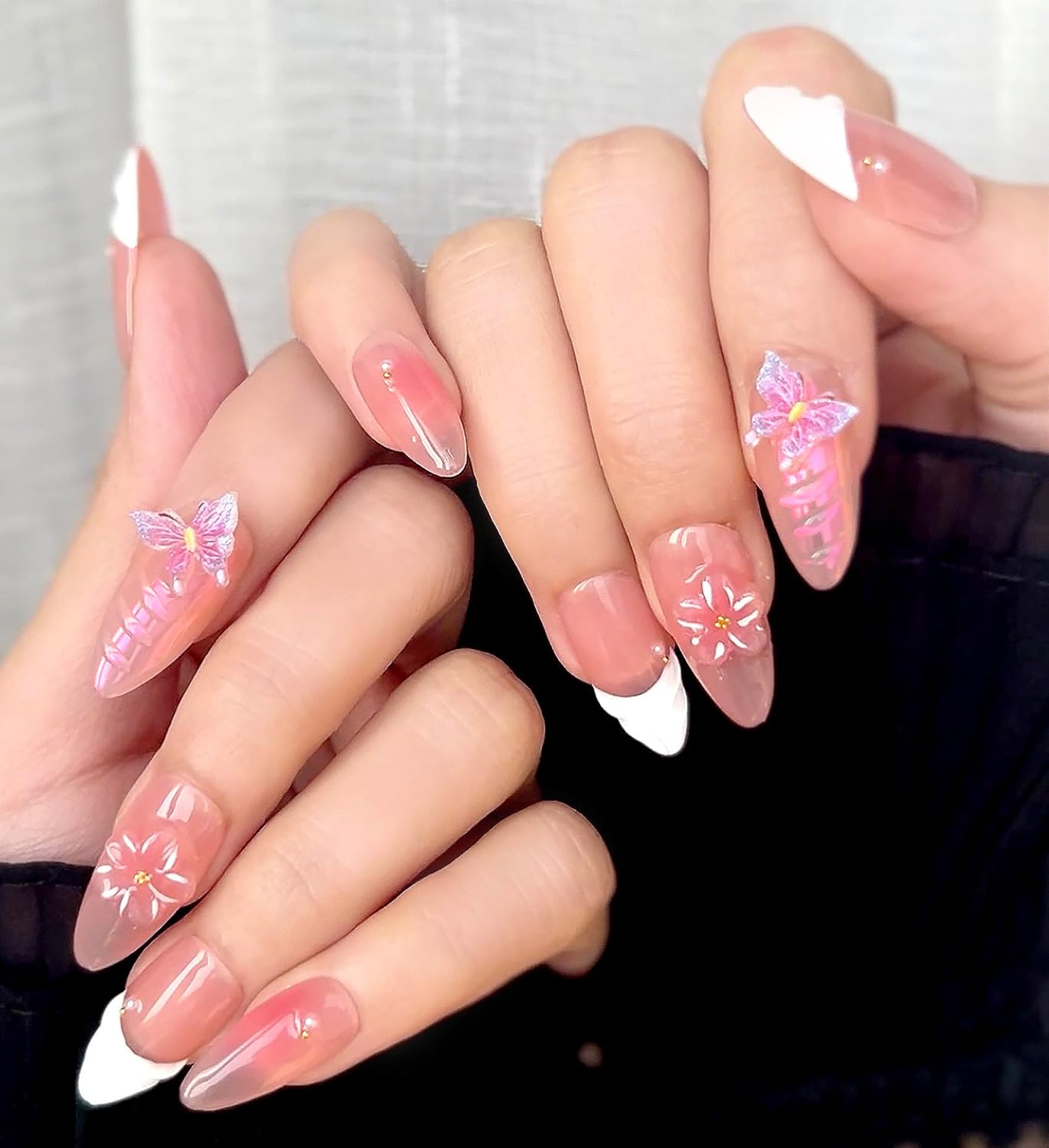 3D Sea Shell Press-On Nails - Handmade Medium Almond Beach Nail Art with Butterflies (L Size)